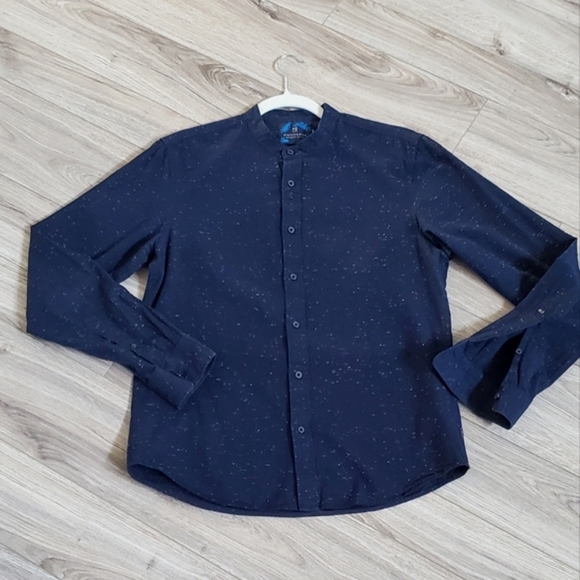 Scotch & Soda Essential Collarless Button Down Shirt, Navy/White Speck, Med, EUC - Picture 4 of 16
